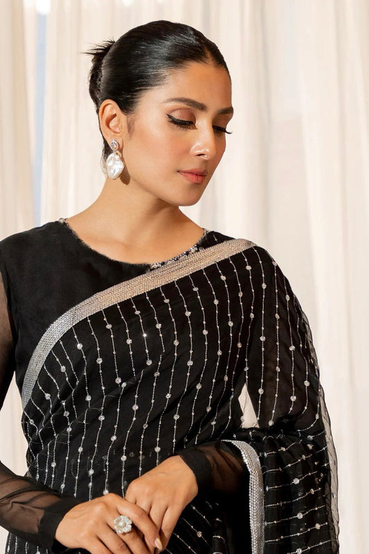Enthralling Georgette Saree: Sequin Magic and Lace Border