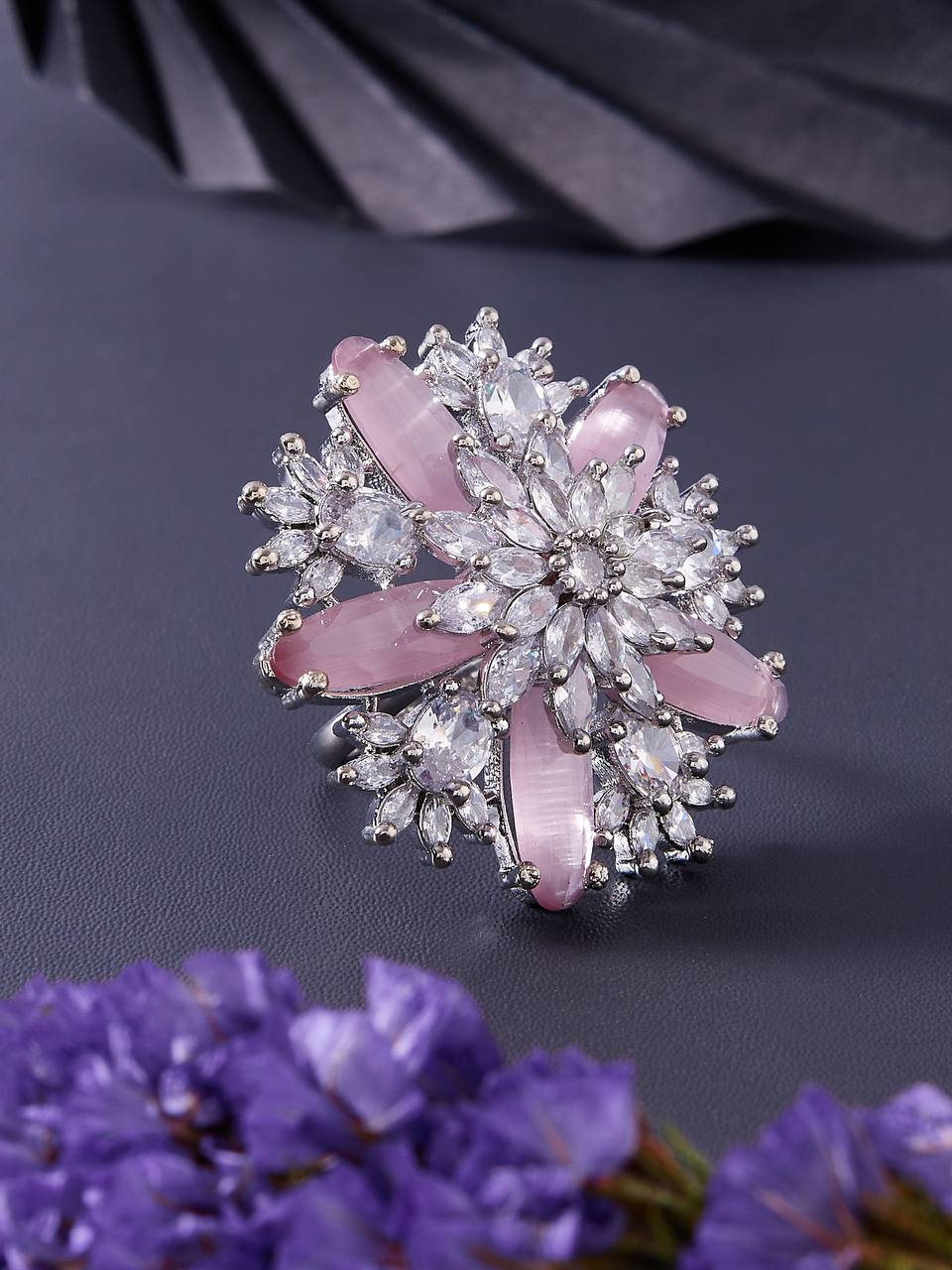 Rose and Silver Plated AD Stone Ring