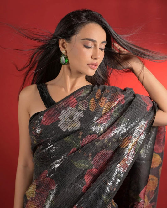 Bollywood Design Beautiful Black Flower Colour Print with Sequence Work Sarees