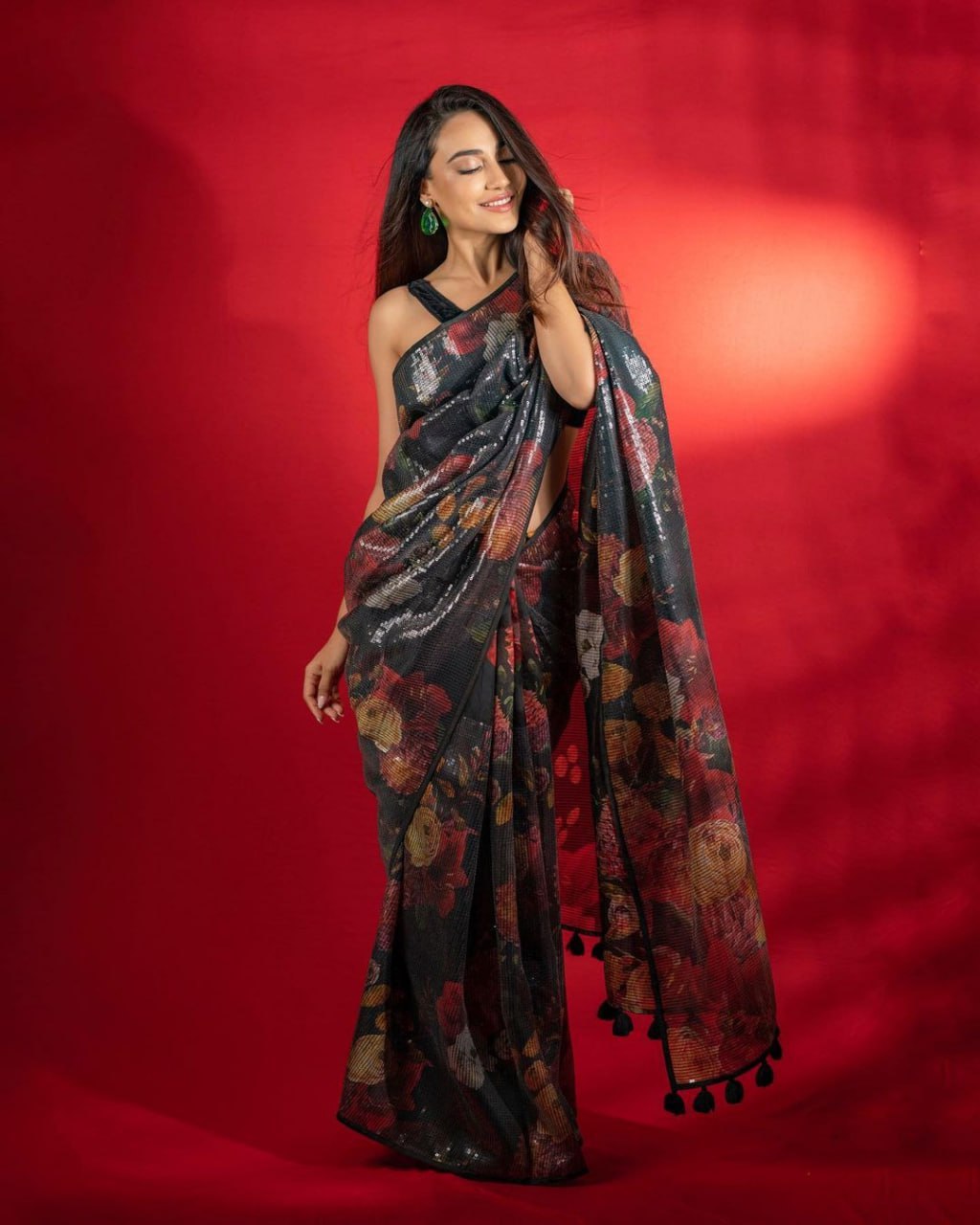 Bollywood Design Beautiful Black Flower Colour Print with Sequence Work Sarees