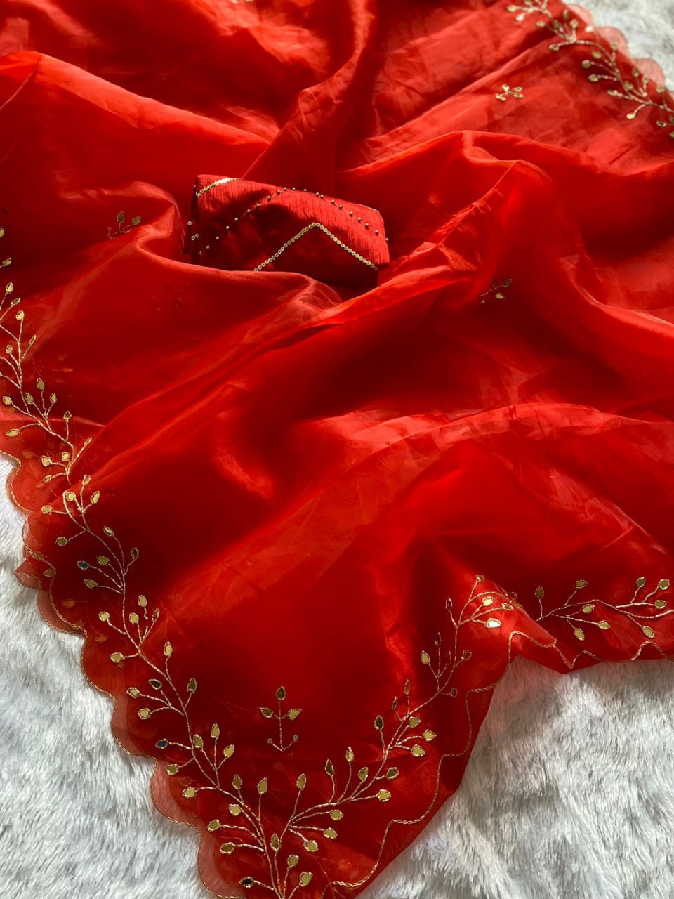Pure red colour organza with handwork Saree