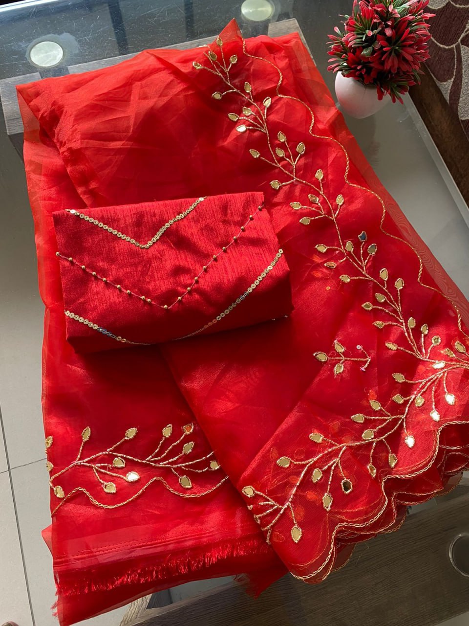 Pure red colour organza with handwork Saree