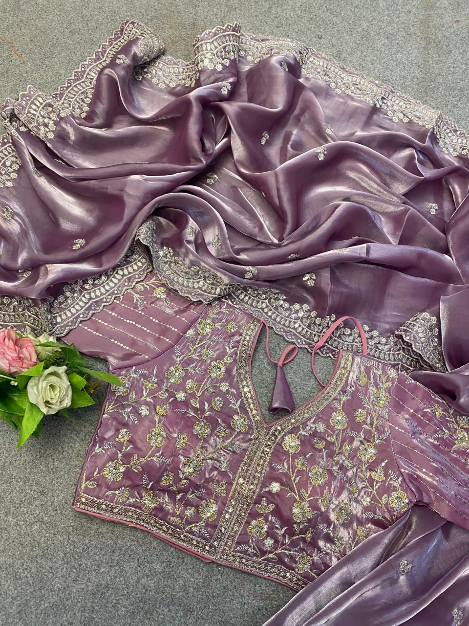 Pure Crystal Silk Jimmy Choo Sarees with Sequin and Zari Embroidery, Paired with Matching Ready-made Blouse