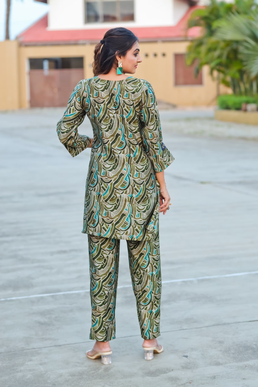 Green Elegance: Pure Modal Silk Geometric Printed Coordinated Set for Women & Girls
