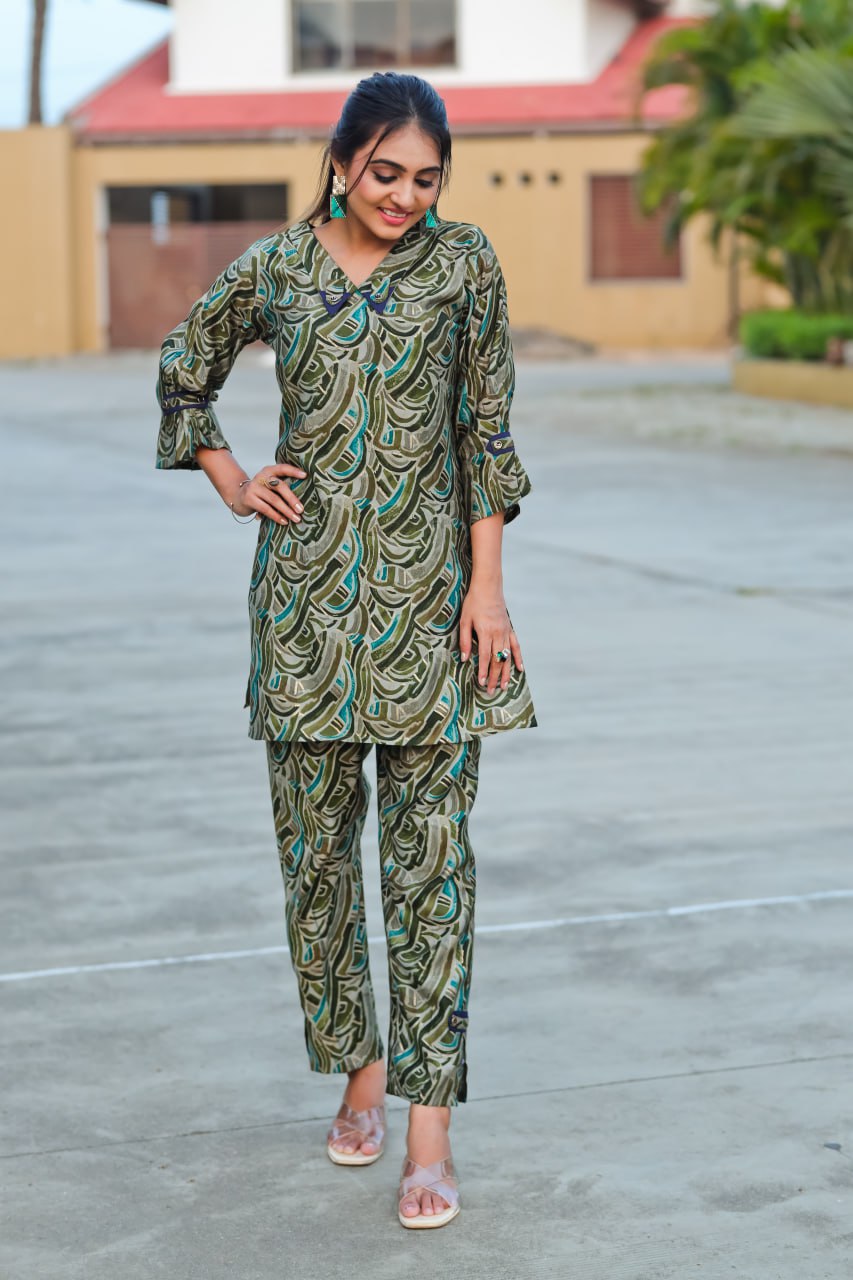 Green Elegance: Pure Modal Silk Geometric Printed Coordinated Set for Women & Girls
