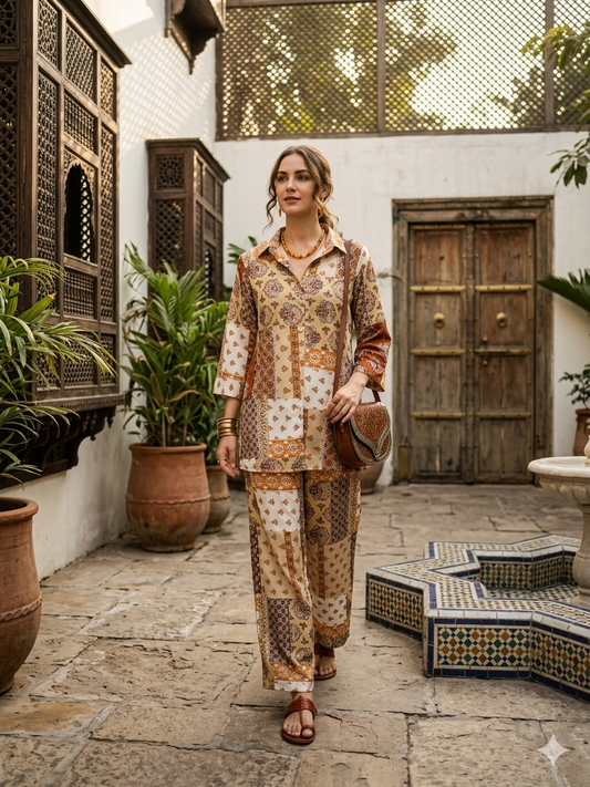 Women's Boho-Chic Rayon Patchwork Co-ord Set – Breathable Tunic & Straight Pants (Earth Tones)