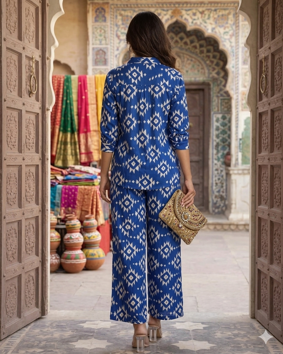 Women’s Blue Ikat Print Co-Ord Set in Soft Breathable Rayon | Ethnic Casual Wear