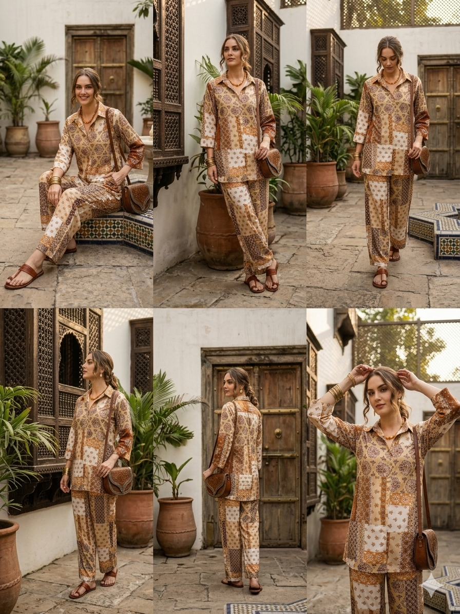 Women's Boho-Chic Rayon Patchwork Co-ord Set – Breathable Tunic & Straight Pants (Earth Tones)