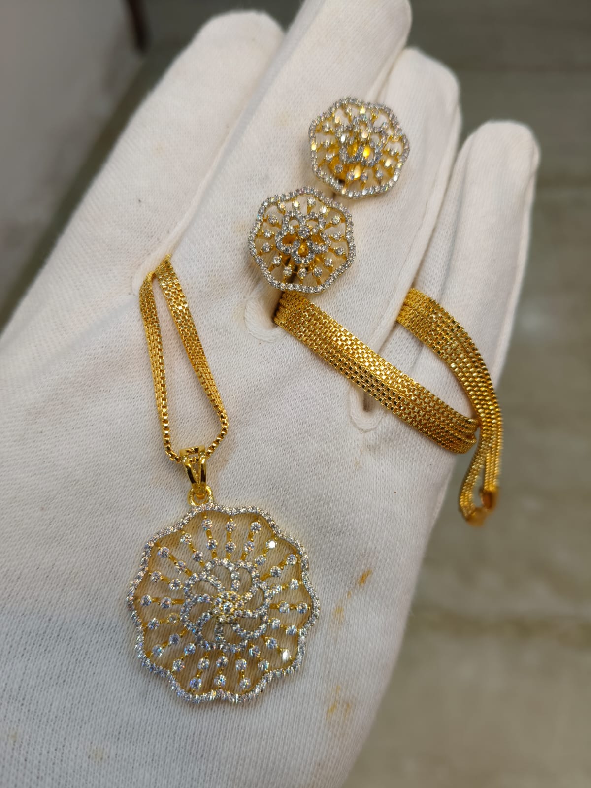 One Gram Gold Plated Floral Chain Pendant Set with American Diamond Earrings