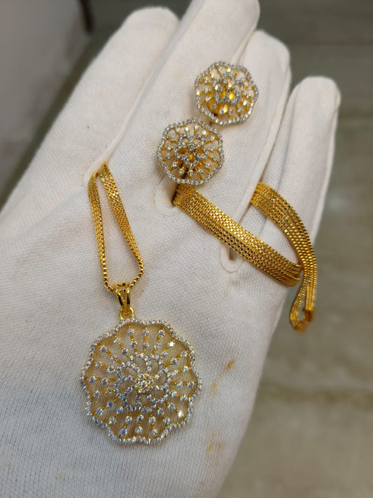 One Gram Gold Plated Floral Chain Pendant Set with American Diamond Earrings