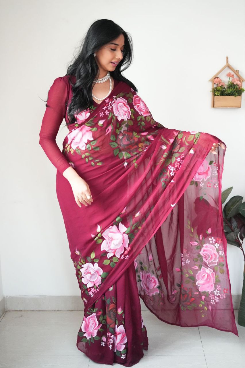 Ready To Wear 1-Minute Saree in Pure Soft Georgette Silk with Maroon Floral