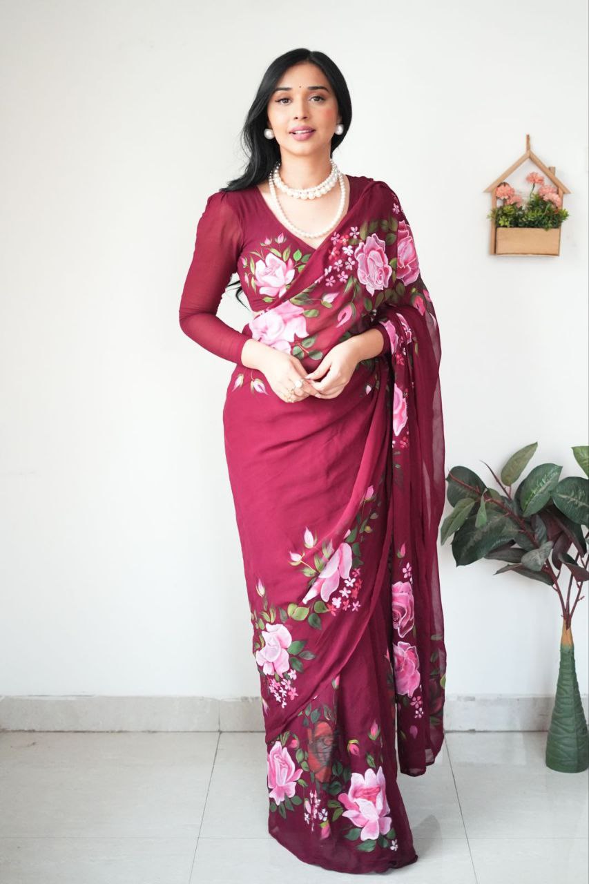 Ready To Wear 1-Minute Saree in Pure Soft Georgette Silk with Maroon Floral