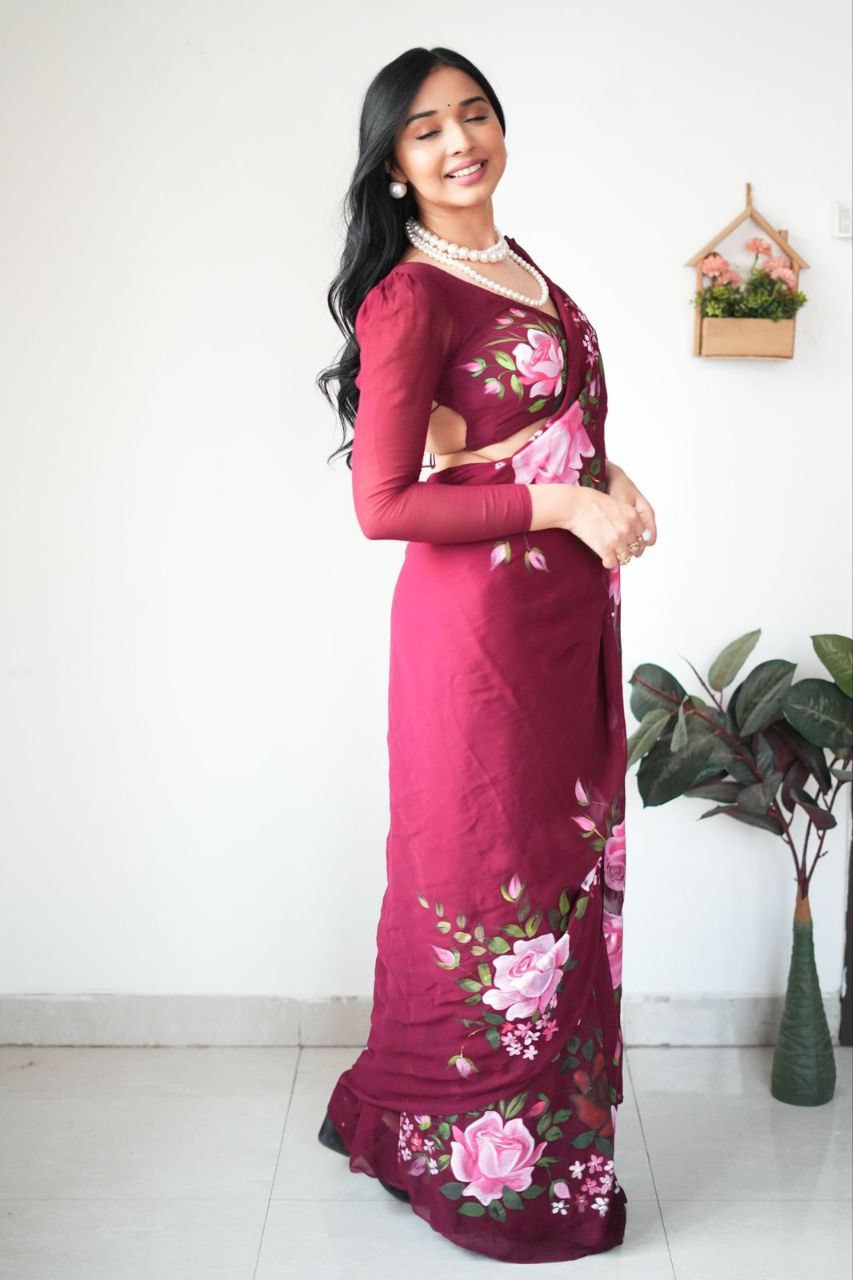 Ready To Wear 1-Minute Saree in Pure Soft Georgette Silk with Maroon Floral