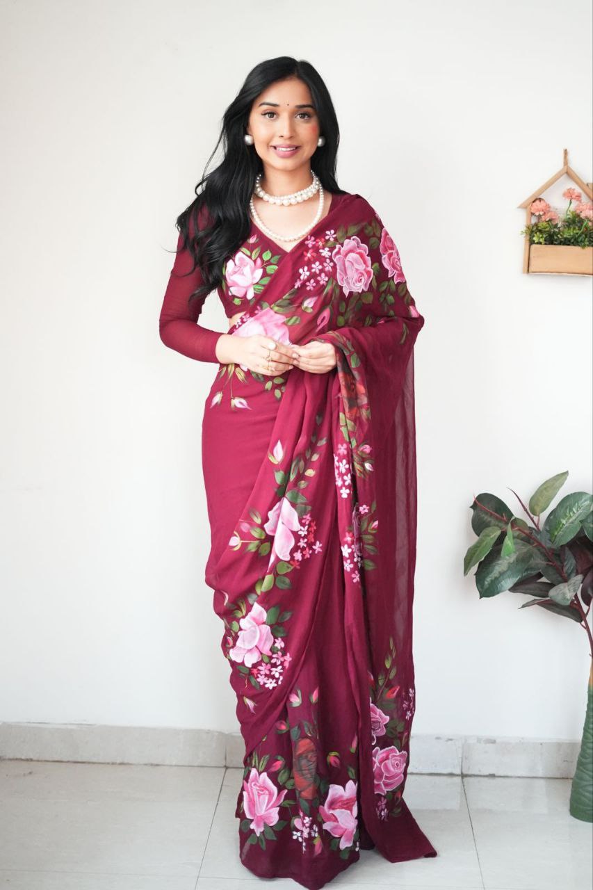 Ready To Wear 1-Minute Saree in Pure Soft Georgette Silk with Maroon Floral