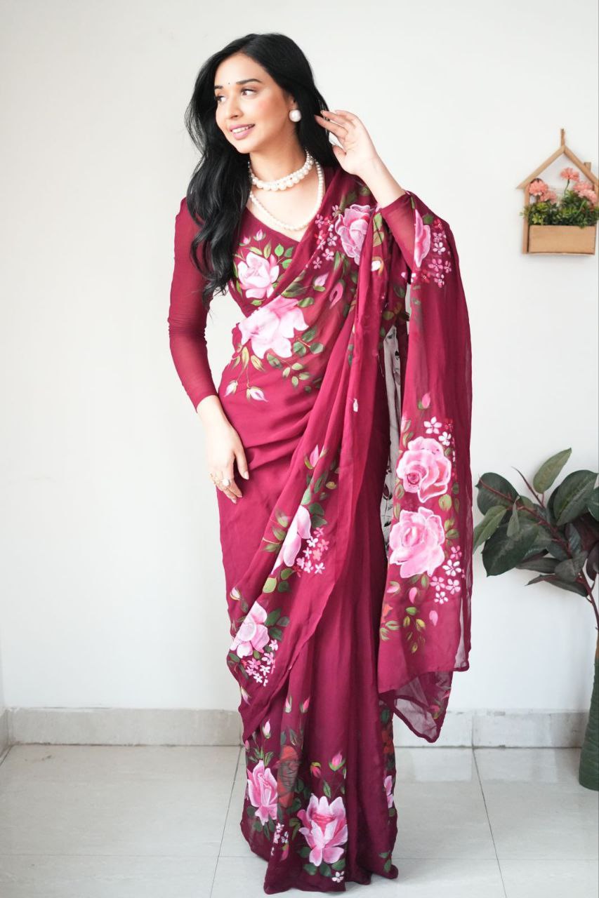 Ready To Wear 1-Minute Saree in Pure Soft Georgette Silk with Maroon Floral