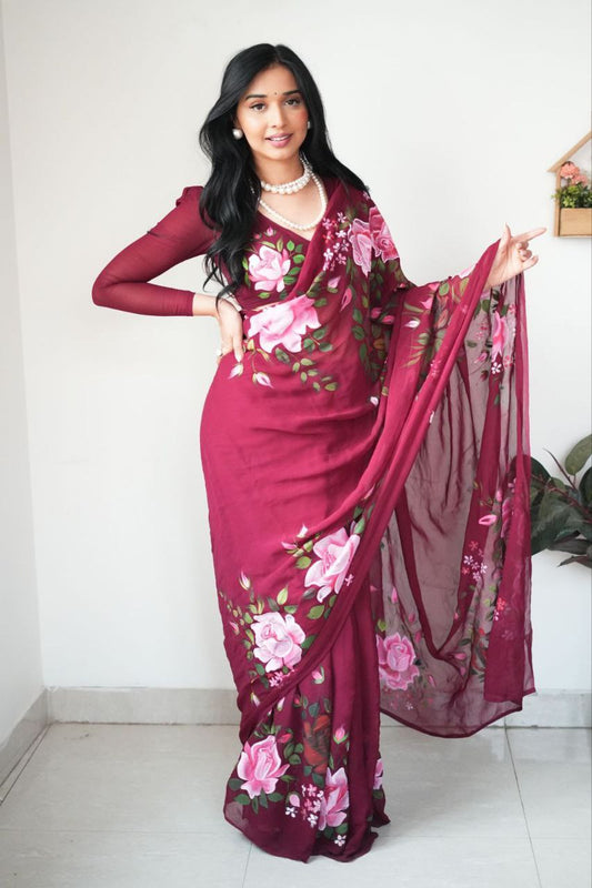 Ready To Wear 1-Minute Saree in Pure Soft Georgette Silk with Maroon Floral