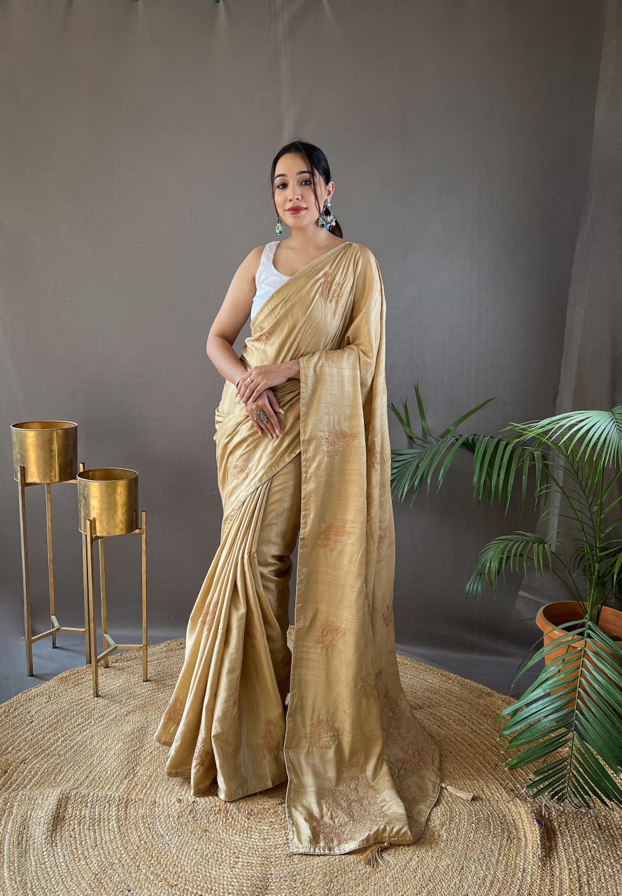 New Silk Saree with Zari Embroidery and Piping