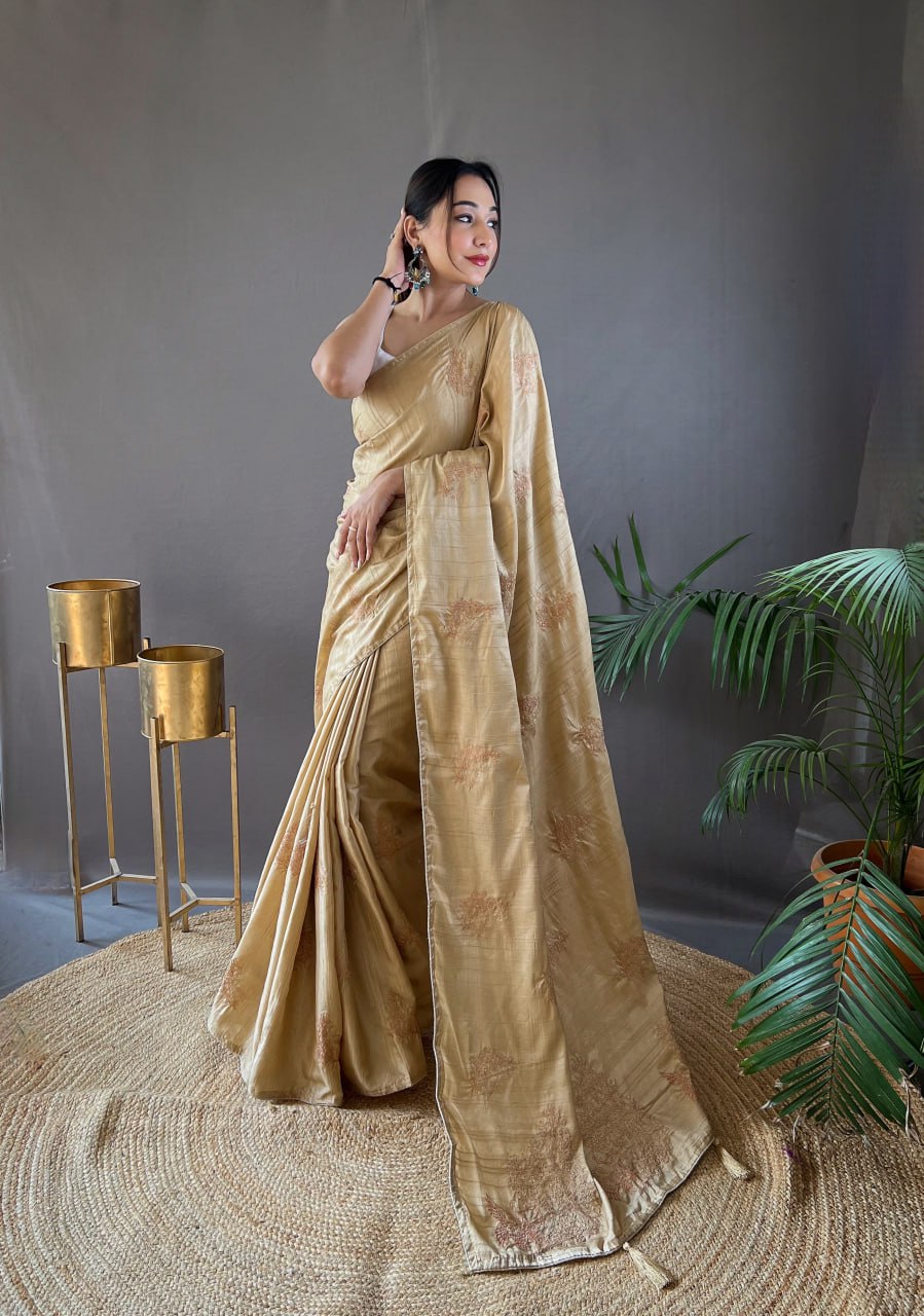 New Silk Saree with Zari Embroidery and Piping