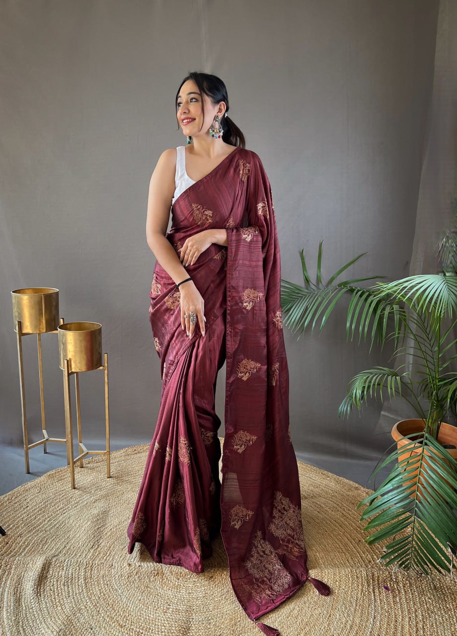 New Silk Saree with Zari Embroidery and Piping