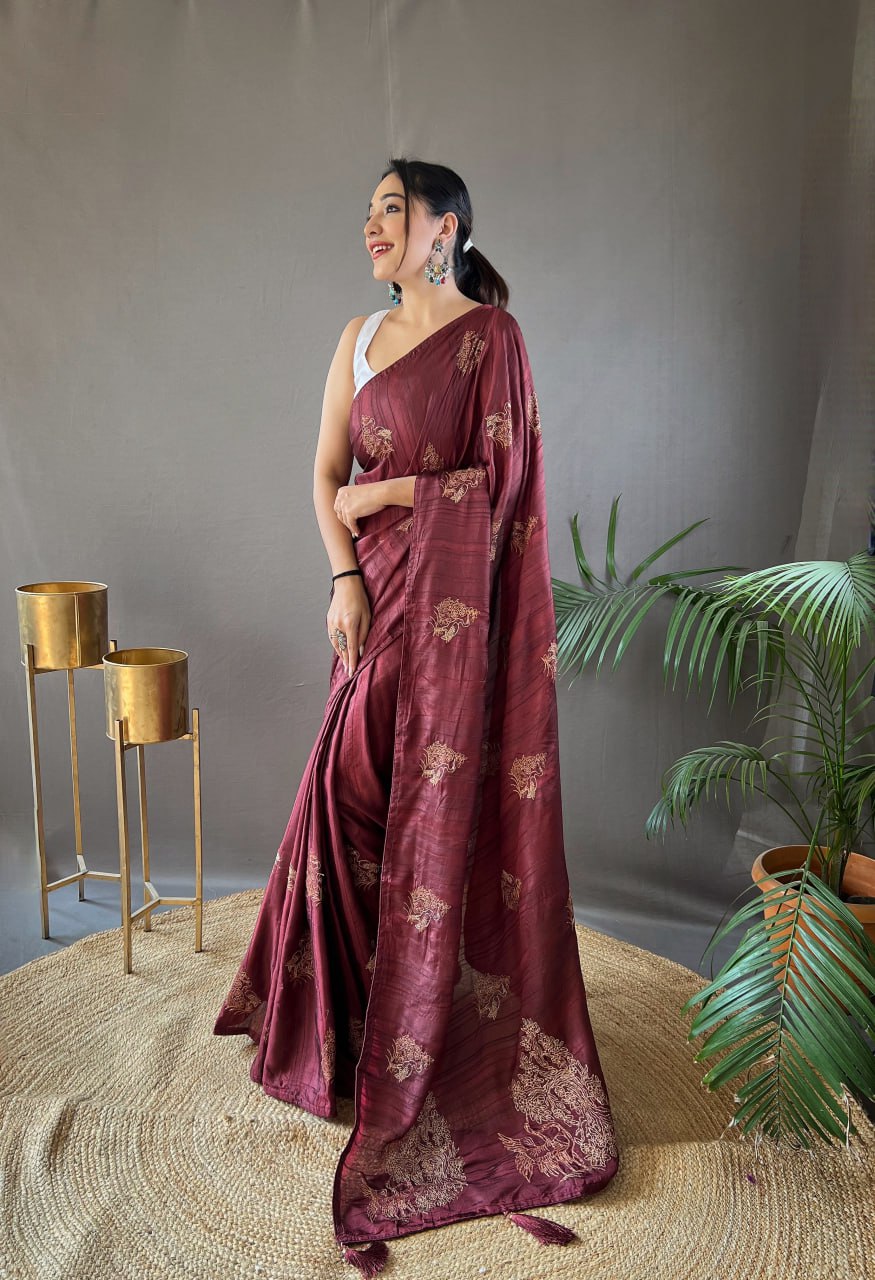 New Silk Saree with Zari Embroidery and Piping