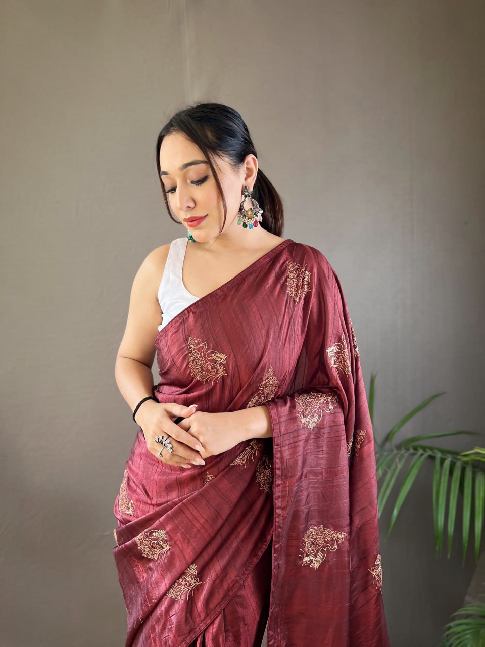 New Silk Saree with Zari Embroidery and Piping