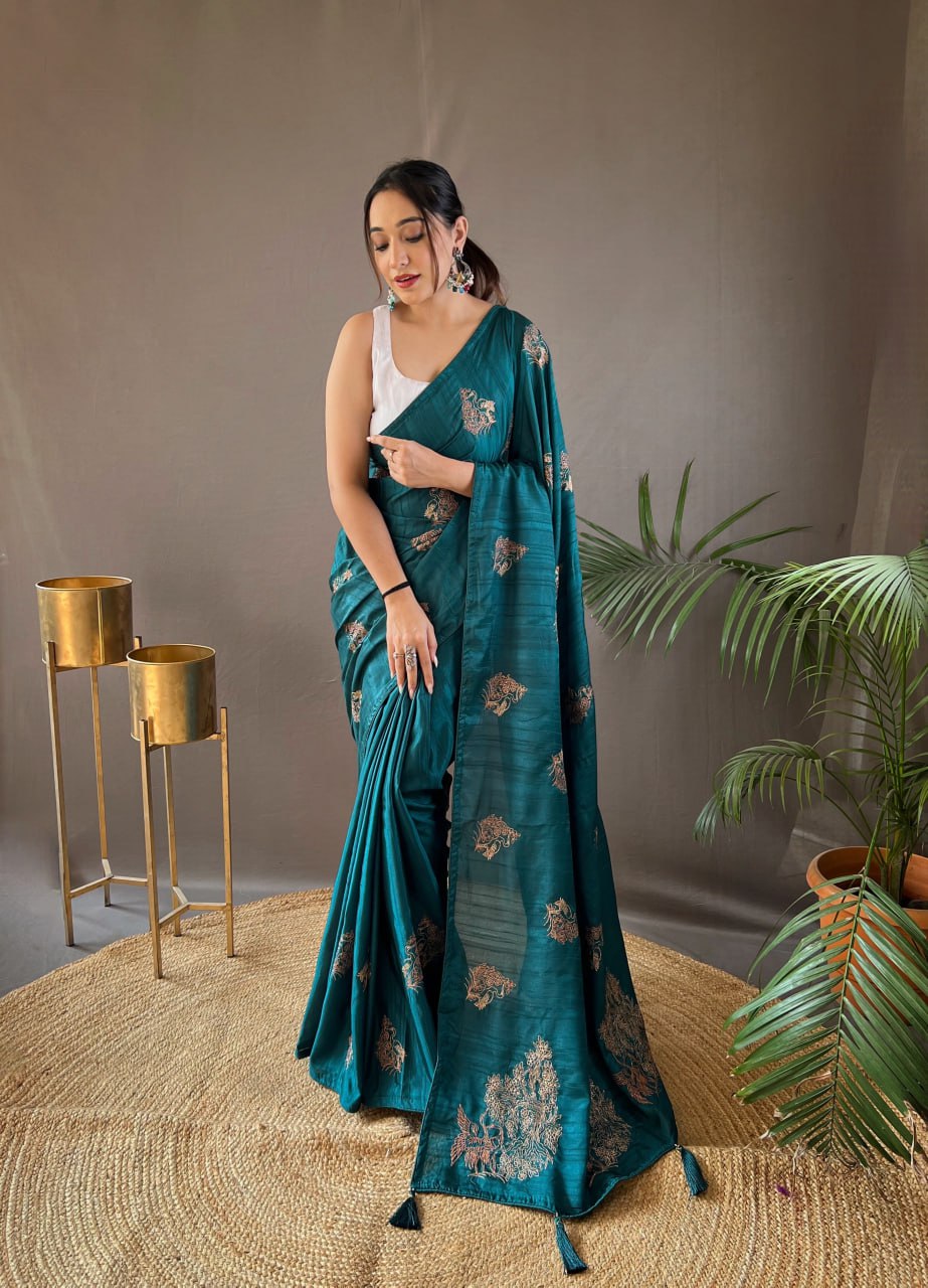 New Silk Saree with Zari Embroidery and Piping