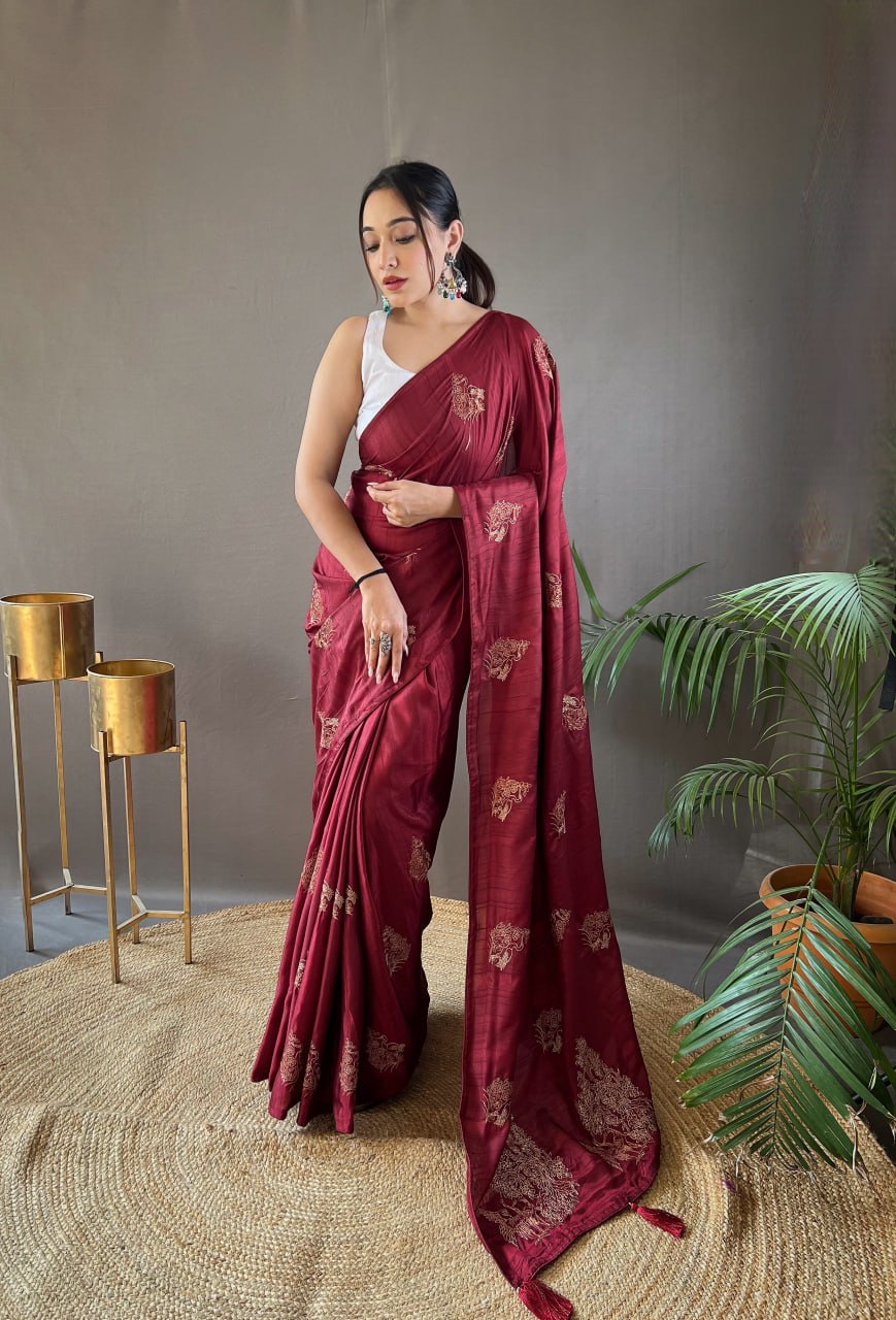 New Silk Saree with Zari Embroidery and Piping