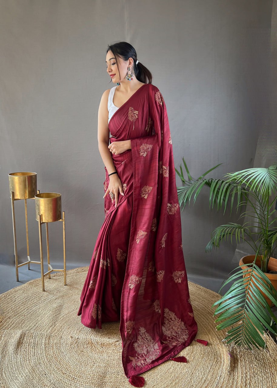 New Silk Saree with Zari Embroidery and Piping