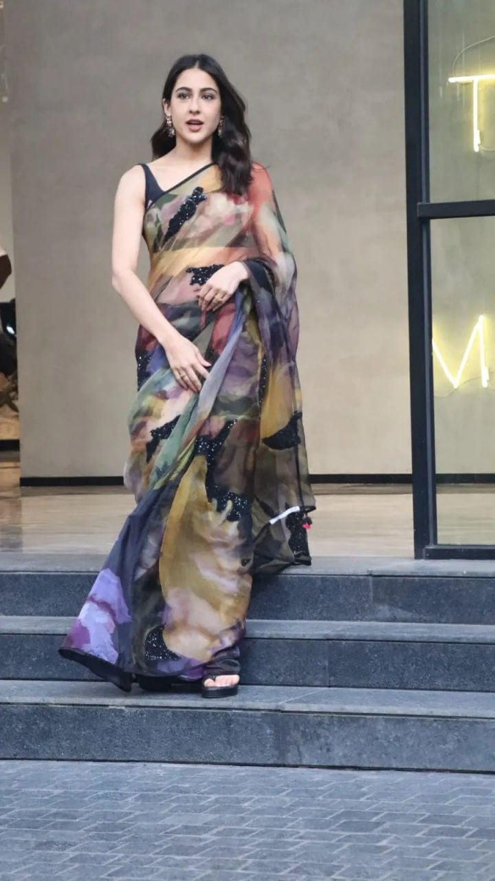 Bollywood Sara Ali Khan Wear Saree Pure Jimmy Organza Silk Digital Printed Saree with Heavy Mono Banglori Blouse