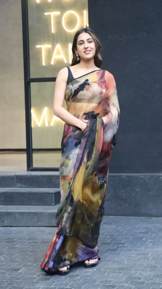 Bollywood Sara Ali Khan Wear Saree Pure Jimmy Organza Silk Digital Printed Saree with Heavy Mono Banglori Blouse