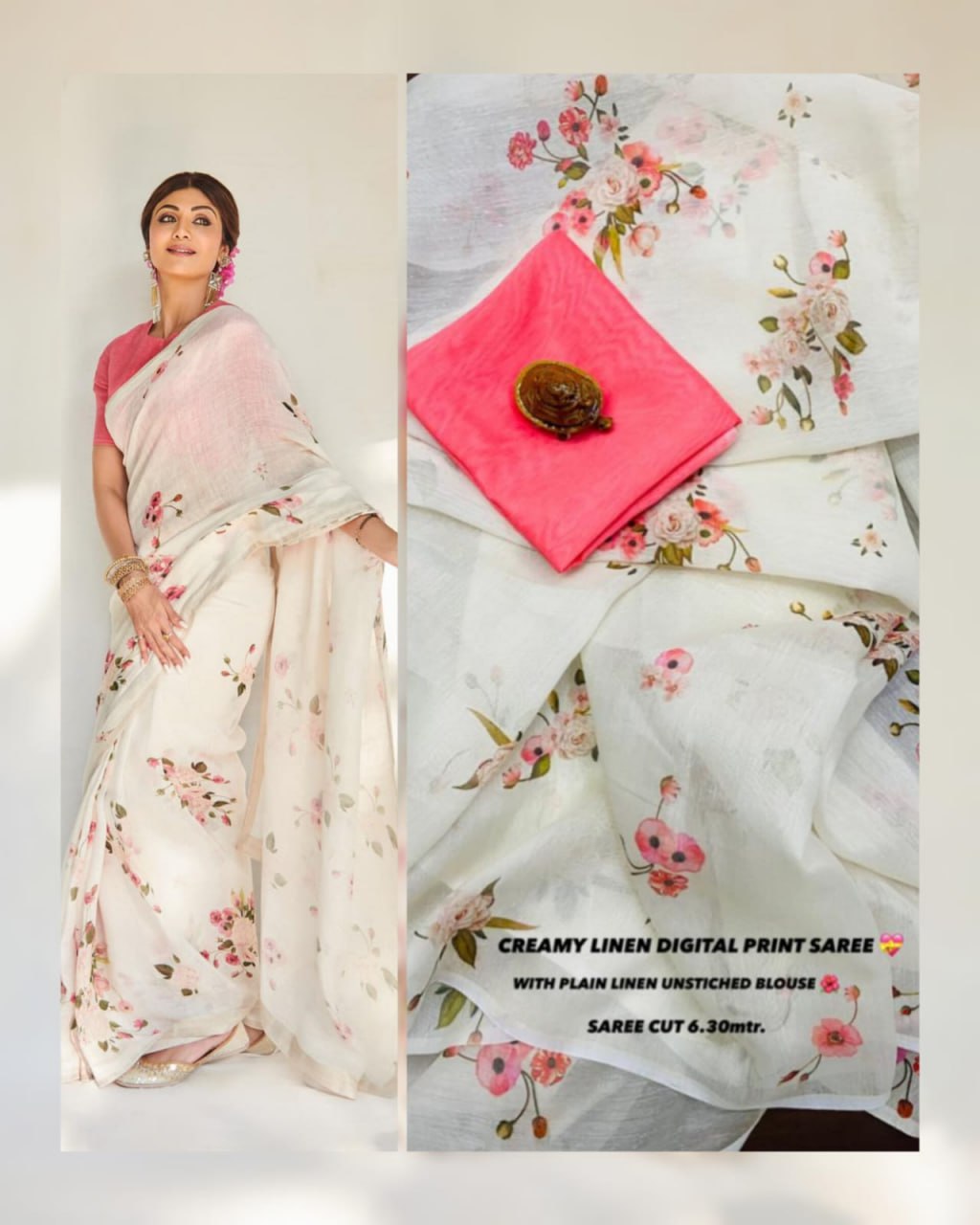 Bollywood Actress Shilpa Shetty Creamy Linen Digital Flower Printed Saree