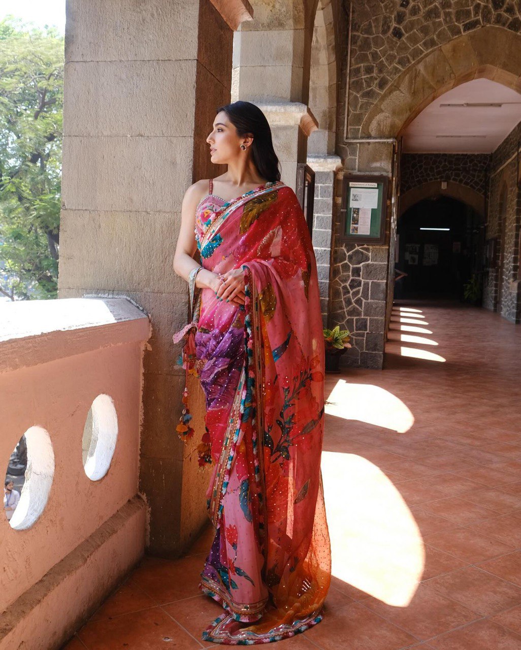 Bollywood Actress Sara Ali Khan Pure Jimmy Organza Digital Printed Saree