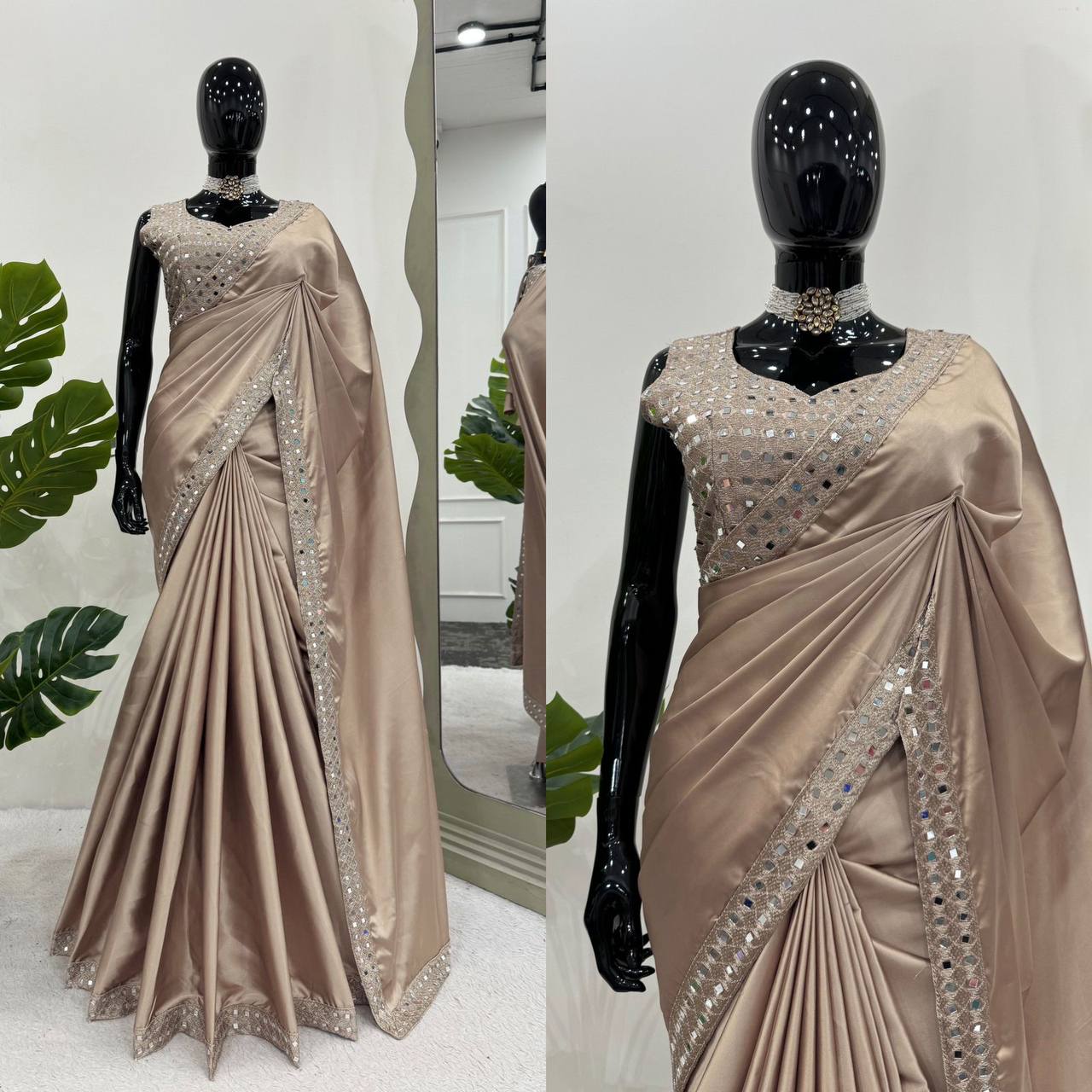 Designer Saree on Japan Satin Silk with Thread & Real Mirror Work