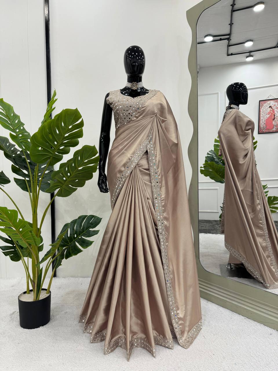 Designer Saree on Japan Satin Silk with Thread & Real Mirror Work