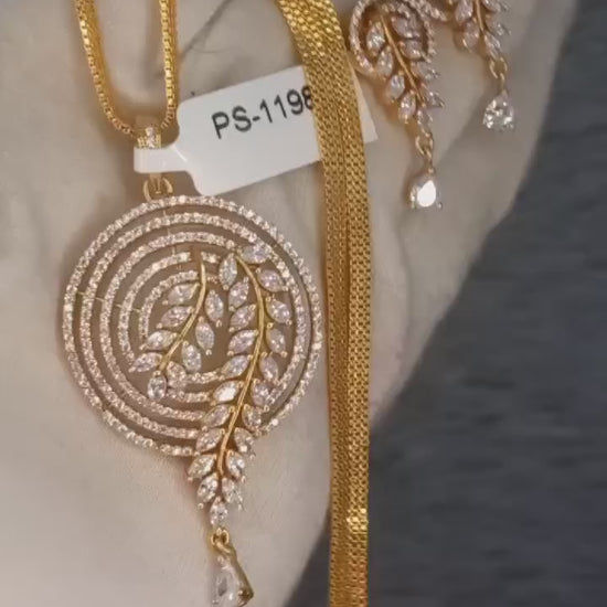 One-Gram Gold Chain with American Diamond Pendant and Earrings Set 