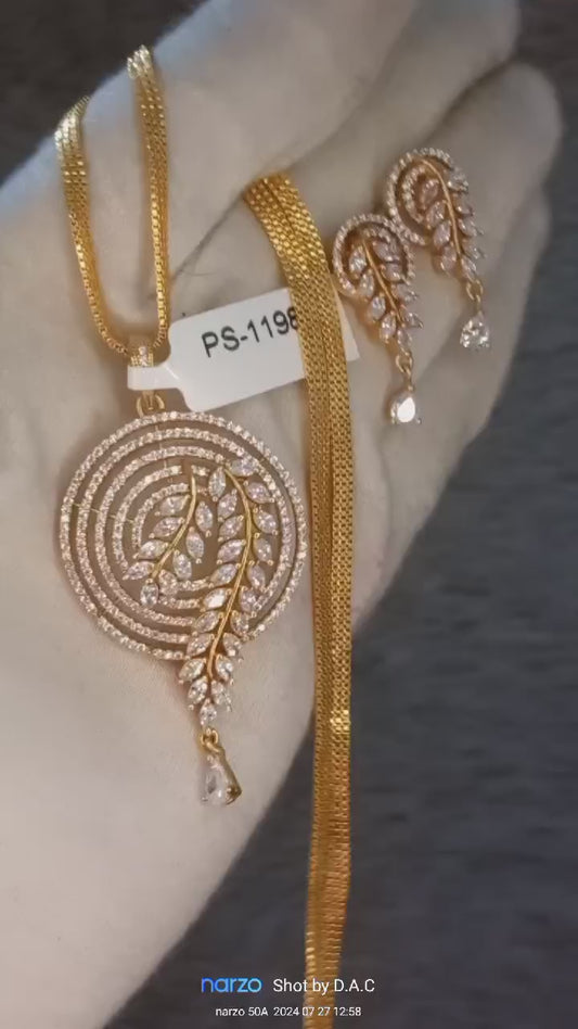 One-Gram Gold Chain with American Diamond Pendant and Earrings Set 