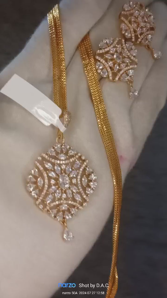 One-Gram Gold Chain with American Diamond Pendant and Earrings Set